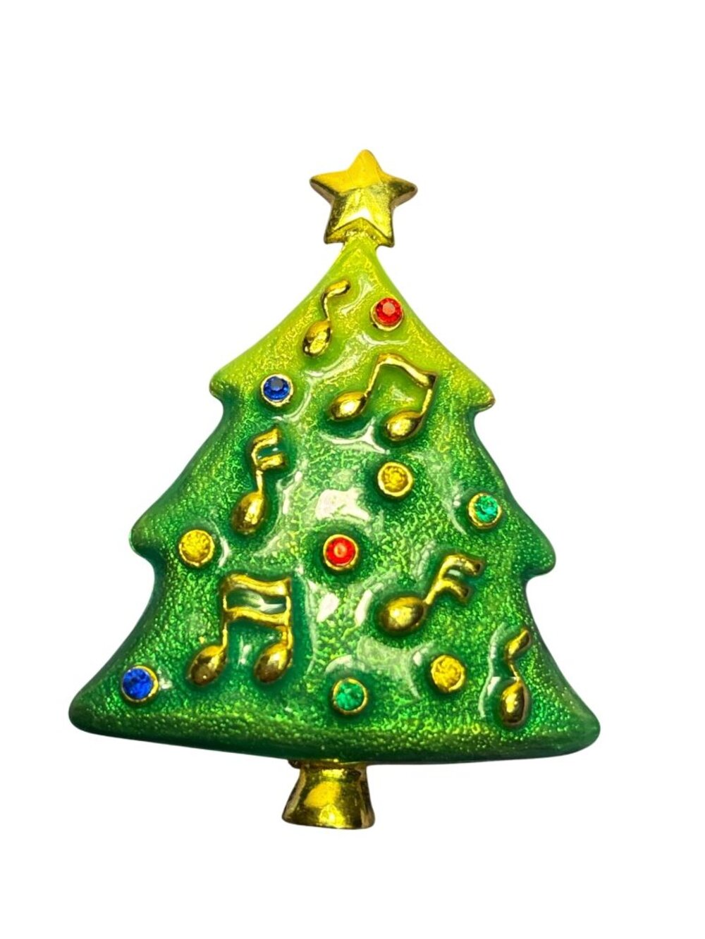 Vtg Christmas Tree Holiday Brooch Pin Music Note Goldtone Green Enamel Colorful